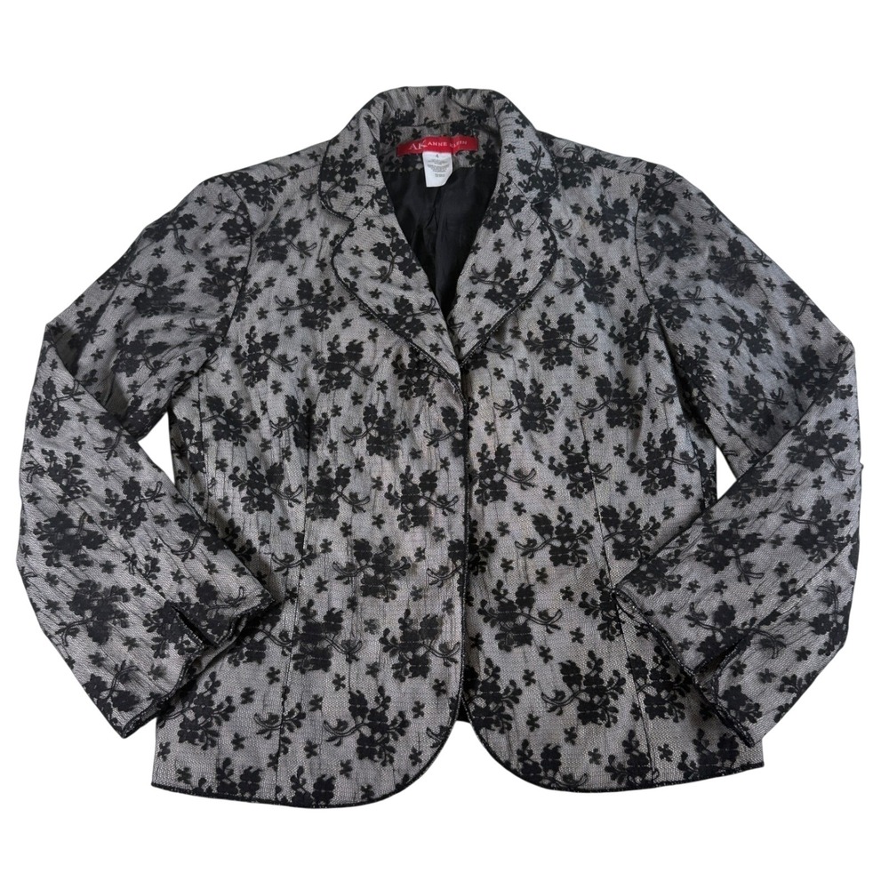 Anne Klein Black Lace Floral Blazer Jacket Women's Size 4 Sheer Boho Vintage VTG